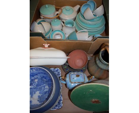 Three boxes of miscellaneous china to include; Carlton ware jug, Doulton Bunnikins baby plate, Poole Pottery two-tone part te