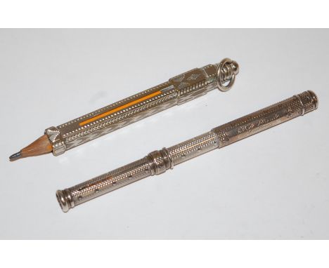 A Samuel Mordan & Co. engine turned silver cased propelling pencil and one other silver plated later example (2)