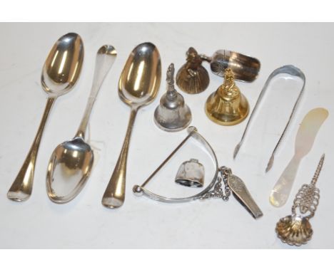 Three 18th century silver tablespoons; together with a Continental white metal caddy spoon; brass table bells etc 