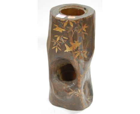 A Japanese late Meiji period planter in the form of a tree stump, relief decorated in gilt with birds and bamboo, height 43cm