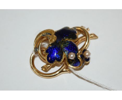 A Liberty & Co mid-19th century 18ct gold seed pearl and enamel set brooch  (enamel with major losses), gross weight 12.6g, w