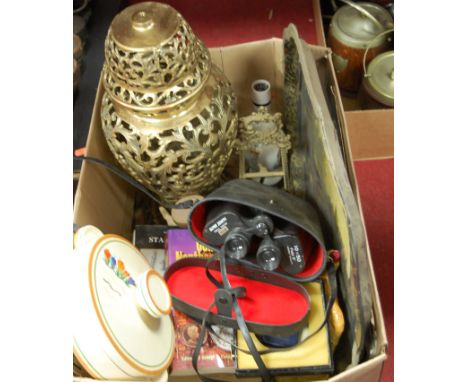 A box of miscellaneous items to include a Clarice Cliff Bizarre tureen and cover in the Crocus pattern (a/f), a pair of Super