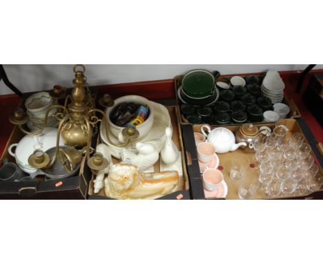 Four boxes of miscellaneous items to include brass six branch ceiling light fitting, various pewter tankards, Victorian teawa