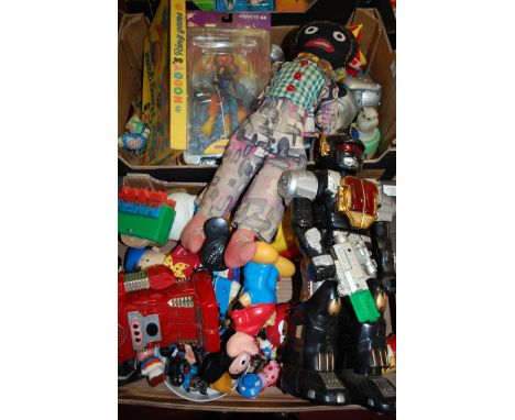 A boxed MacFarlane Toys Janis Joplin figure; together with a 1950s doll; various tinplate clockwork toys; Chinese robot etc 