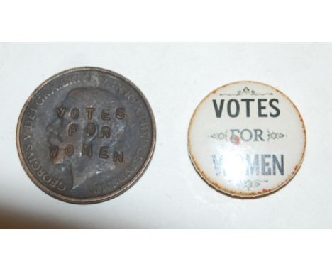 A George V copper penny, later stamped 'Votes for Women'; together with a Votes for Women enamel badge (2)