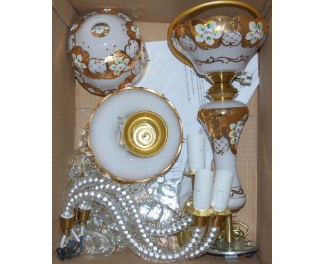 A large modern Bohemian overlaid glass six branch ceiling light fitting, boxed; together with one other smaller example (inco