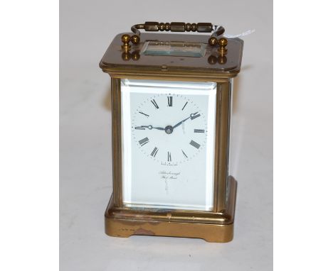 A French lacquer brass carriage clock retailed by Attenborough of Fleet Street, having single barrel going eight-day movement