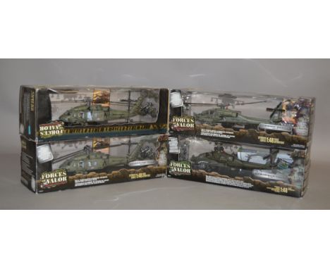 Four Unimax Forces of Valor 1:48 scale diecast model helicopters, all US military. E and boxed. (4)