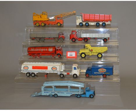 Nine unboxed Dinky Toys diecast commercial vehicle models including a Foden (type 2) Mobilgas Tanker, a Guy Van 'Ever Ready',