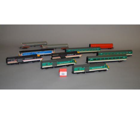 OO gauge. Lima Midland Mainline DMU with power car, dummy car, and three coaches, together with an Intercity 2 car DMU, a Net