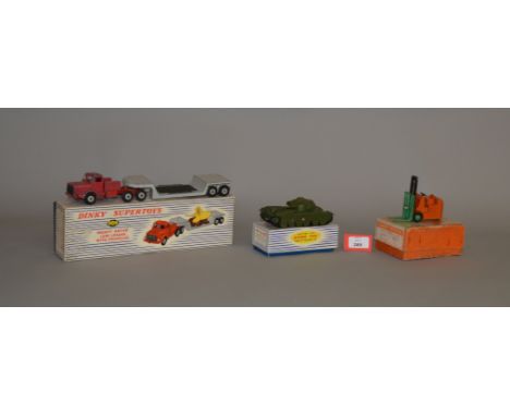 Three boxed Dinky Toys diecast models, 14c Coventry Climax Fork Lift, missing driver otherwise F/G in F orange lidded box, 65