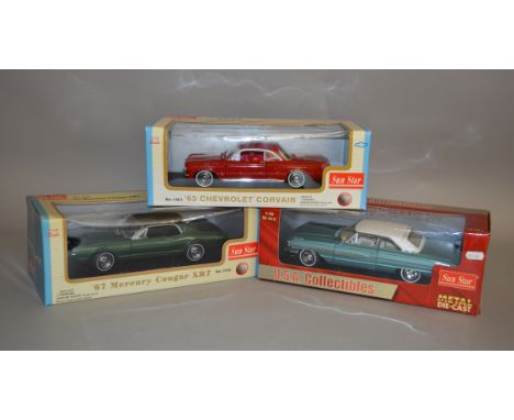 Three Sun Star 1:18 scale diecast model cars: 1441 1964 Ford Galxie 500 Hard Top; 1540 1967 Mercury Cougar XR7; 1481 1963 Che