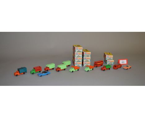 Seven boxed Lone Star 'Tuf-Tots' miniature diecast models, including 4 x #623 London Bus, 2 x #624 Fire Engine and a #610 Con