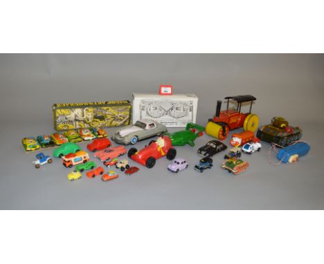 A mixed lot of toys, mostly unboxed, including a tinplate Mettoy Road Roller with fixed key and operational clockwork mechani