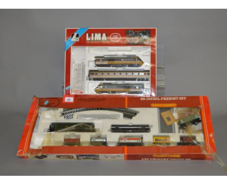 OO gauge. Two train sets: Lima 103406S01 Intercity 125 with power car, dummy car and one coach only; Hornby R537 BR Diesel Fr