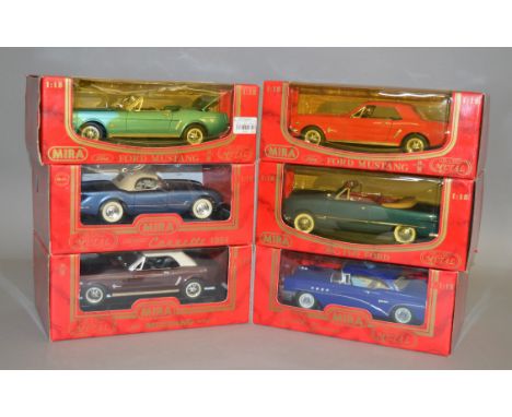 Six Mira 1:18 scale diecast model cars: 1955 Buick Century; three Ford Mustang; 1949 Ford; 1954 Chevrolet Corvette. All boxed