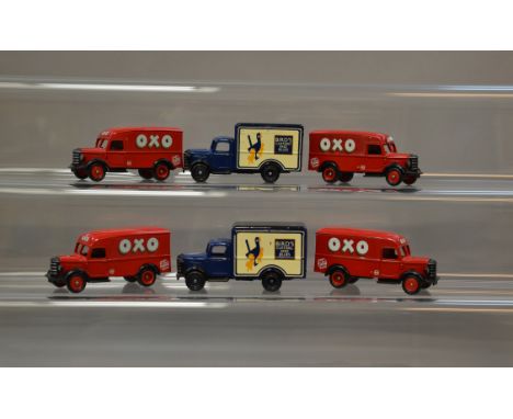 Six unboxed Lledo Pre-production prototype 1950 Bedford chassis based resin van models, 4 x DG63 002a 'OXO'  and 2 x DG59  00