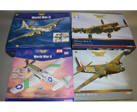 Four Corgi Aviation Archive WWII diecast model aircraft: AA33303 Boeing B-17 Fortress IIA; AA34401 P-51D Mustang - Stinger VI