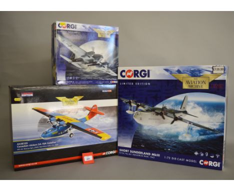 Three Corgi Aviation Archive 1:72 scale diecast model aircraft: AA27501 Short Sunderland MkIII; AA36105 Canadian-Vickers SA-1