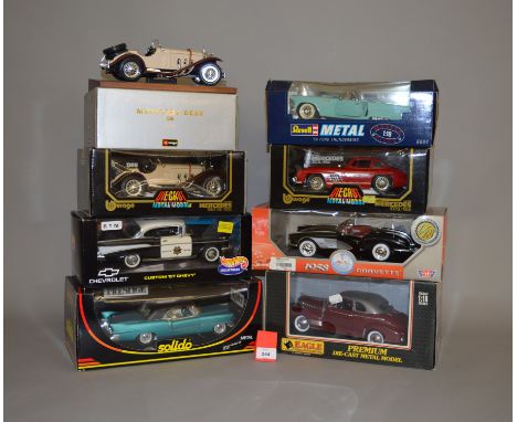 Eight boxed  diecast model cars in 1:18 scale by Revell, Bburago, Solido and others including an Eagle Premium 1941 Chevrolet