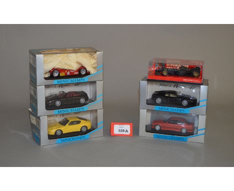 Six boxed 'Paul's Model Art' Minichamps diecast models in 1:43 scale, including four Ferrari's, 333SP, F355 Spider, 456GT and