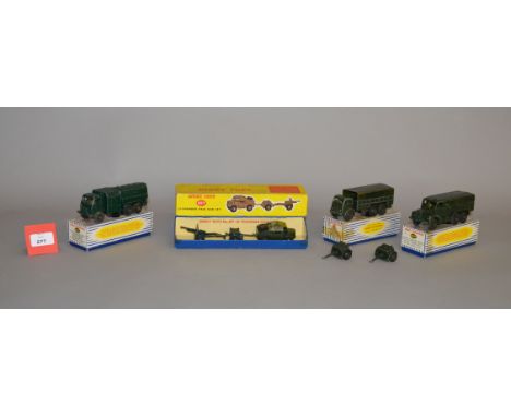 Three boxed Dinky Supertoys military vehicle diecast models, 622 10 Ton Army Truck, 642 Pressure Refueller and 689 Medium Art