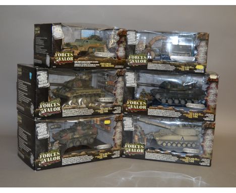 Six Unimax Forces of Valor 1:32 scale diecast model tanks, all US models. E and boxed. (6)