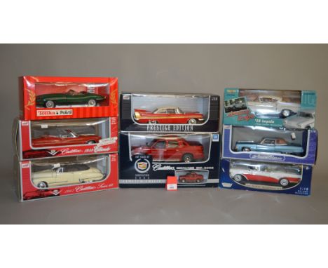 Eight 1:18 scale diecast model American Cars, by Anson, Motor Max and similar, including Cadillac. Boxed and VG. (8)