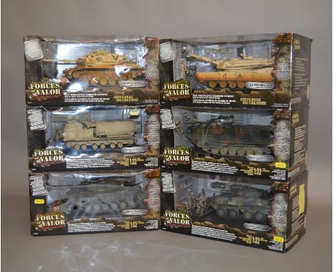 Six Unimax Forces of Valor 1:32 scale diecast model tanks, all US models. E and boxed. (6)