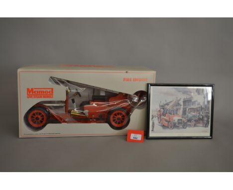 Live steam. Mamod Fire Engine. Boxed and VG. Together with a framed picture of a fire engine.