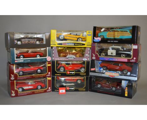 Eight 1:18 scale diecast models by Bburago, Hot Wheels, Road Legends and similar. Overall appear VG in G boxes. (8)