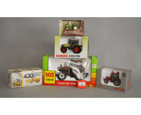 Five diecast agricultural models: Ros Fiat Agri G240; MPS McCormick V80-4Q; Universal Hobbies Claas Celtis; ERTL John Deere 1