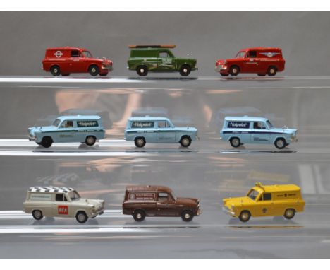 Six unboxed Lledo pre-production prototype Vanguards Ford Anglia Van  resin models, 3 x 'Hotpoint', 'AA', 'Post Office Teleph