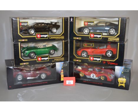 Four boxed Bburago diecast model cars in 1:18 scale, Porsche 356B, Lamborghini Countach, Dodge Viper and Ferrari 456GT togeth