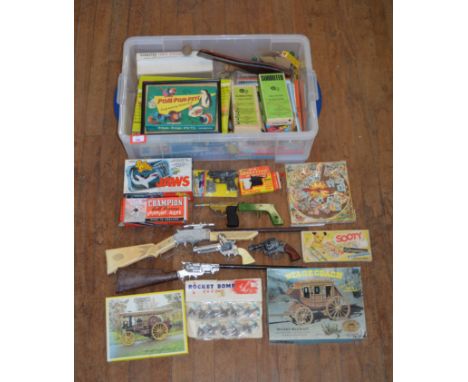 A good selection of vintage toys and games, many boxed, including Merit 'Table Tennis', a Green Monk 'Sooty Songster Xylophon