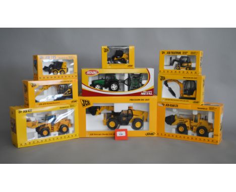 Eight Joal JCB diecast construction models, together with a Joal 255 Valtra tractor. All boxed and E. (9)