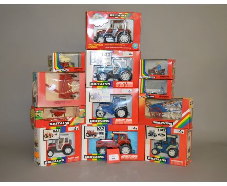 12 x Britains 1:32 scale diecast agricultural models, including: 9502 Massey Ferguson MF362 Tractor; 9401 Honda TRX 300 4x4; 