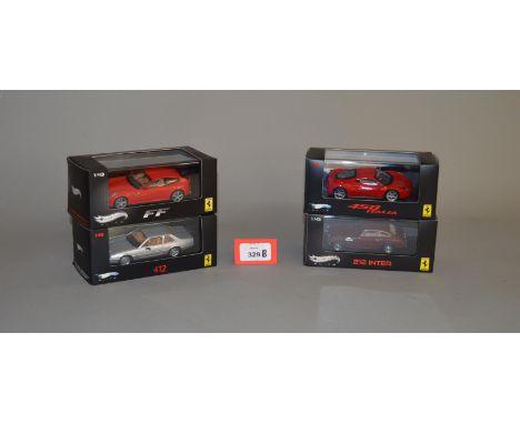 Four boxed Hot Wheels 'Elite' Ferrari diecast model cars in 1:43 scale including 212 Inter, 412, FF and 458 Italia variants. 