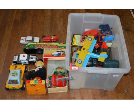 A good assortment of plastic and tinplate battery operated, friction drive and clockwork toys, some boxed. Boxed items includ