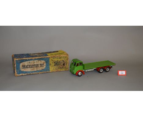 A boxed large scale diecast Shackleton Foden FG Flat Bed Truck model, repainted in green with red mudguards and light grey ch