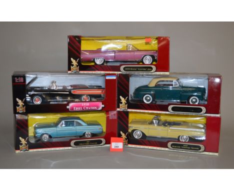 Five boxed 'Road Signature' 1:18 scale diecast model cars, including a 1957 Mercury Turnpike, a 1958 Edsel Citation and a 195