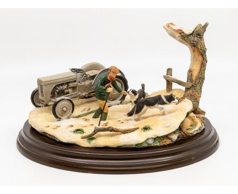 A Country Artist sculpture Winter Rescue by Keith Sherwin, depicting a farmer by his tractor, two dogs, rescuing sheep, plint