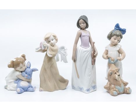 Three Nao figures, girl with violin and two young girls with toys and a Nao style angel