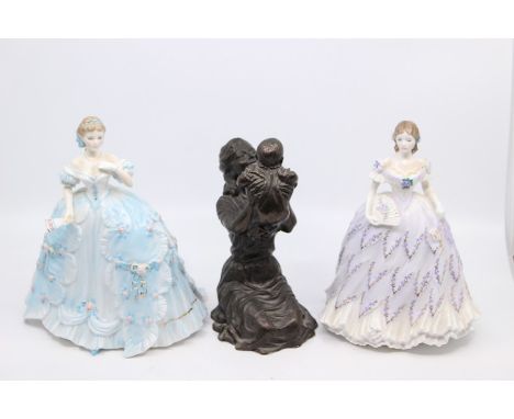 Two Royal Worcester figures of ladies; Last Waltz, First Quadrille along with a bronzed figure of woman and child