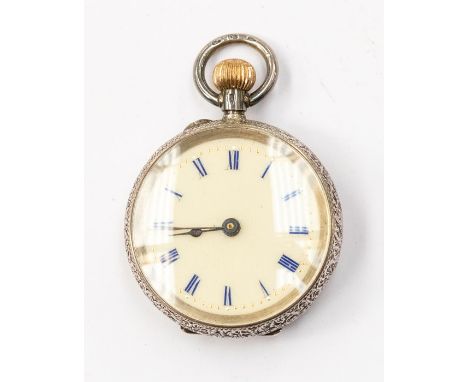 An early 20th Century ladies silver pocket watch, round enamel dial, blue Roman numerals with gilt seconds track, dial approx