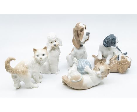 Five Nao figures of cats and dogs