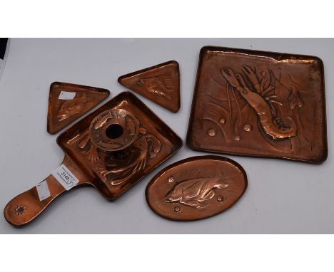 Newlyn School five pieces of Arts &amp; Crafts copperware, comprising a chamber stick, square tray, oval dish and a pair of t