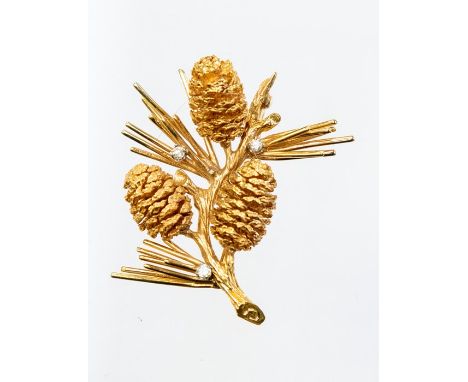 A 14ct rose gold and diamond brooch in the form a fur tree branch with pine cones, set with three small claw set round brilli