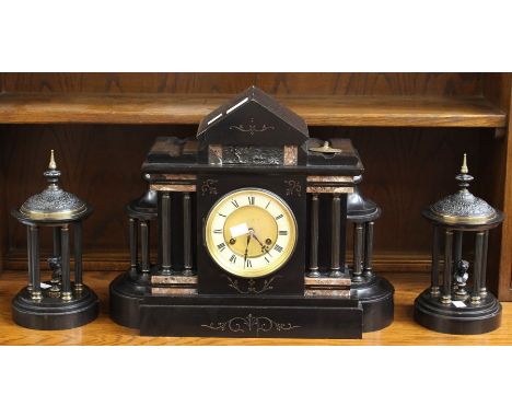 A late 19th Century J Unghans black and marble garniture clock set, comprising eight day mantle clock with white enamelled ch