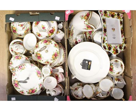 Two boxes of Royal Albert Old Country Rose including cake stands, tea wares, etc including a wall clock